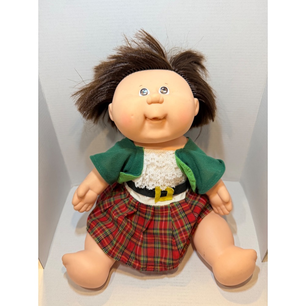 1988 Vintage Cabbage Patch Kids Doll Brown Hair Blue Eyes Plaid Skirt Xavier
